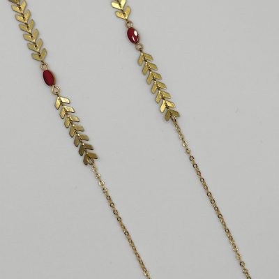 Chaîne à lunettes - Chaîne épis Couleur laiton et perles rouges et or - détail chaîne