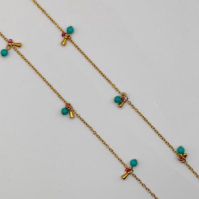 Chaîne à lunettes - Perles de verre blanche nacrée dans cages à perles - détail chaîne