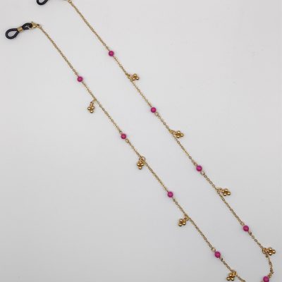 Chaîne à lunettes - Perles Roses flashy et trèfles dorés