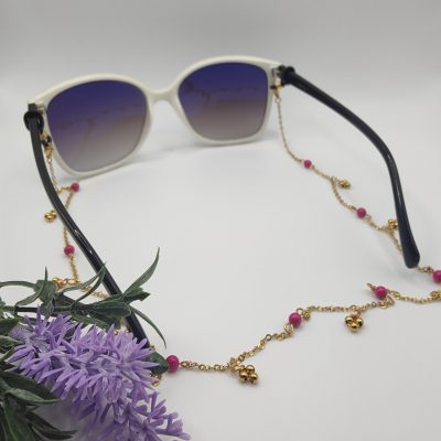Chaîne à lunettes - Perles Roses flashy et trèfles dorés sur lunettes