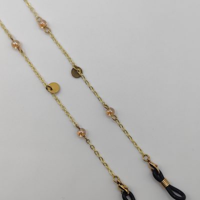 Chaîne à lunettes - Perles d'agate roses entourées et entrelacées de perles de rocailles dorées - détail chaîne et embouts